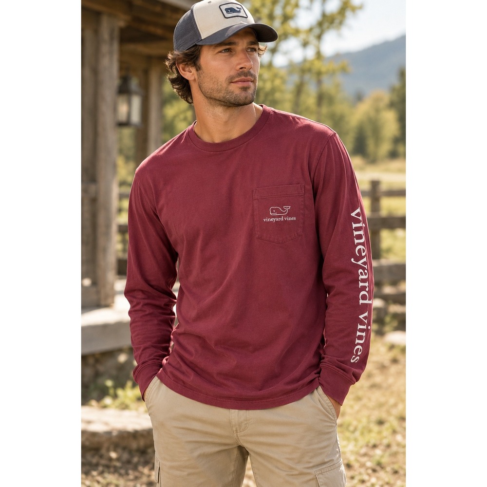 Vineyard Vines Mens Long Sleeve Pocket T-Shirt Burgundy Whale Logo Size L